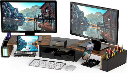 Desk Dual Monitor Stand Riser with Drawer, Rustic Brown