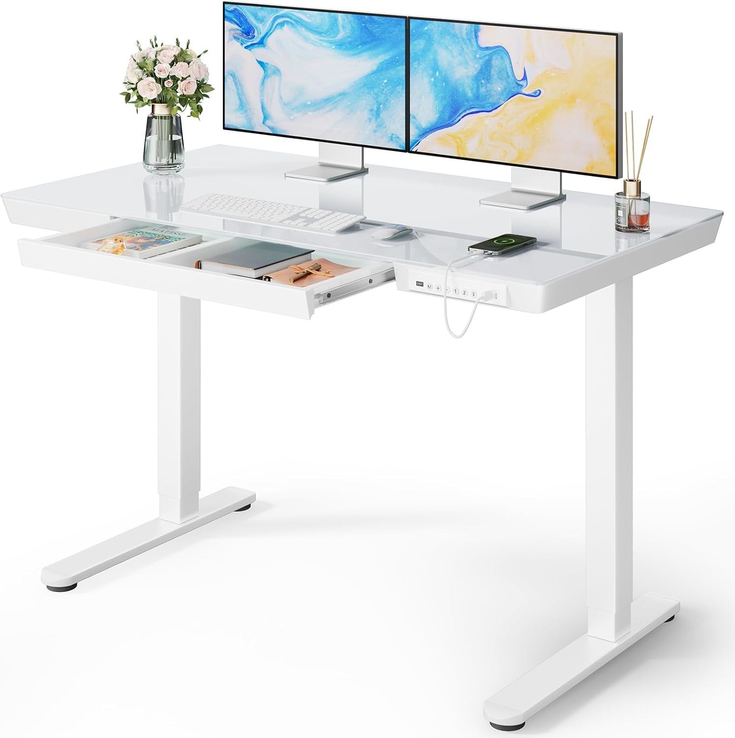 Marsail Glass Standing Electric Standing Desk with Drawer