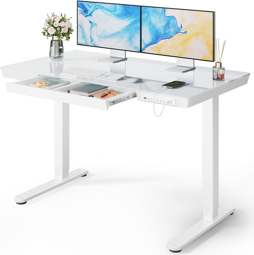 Marsail Glass Standing Electric Standing Desk with Drawer