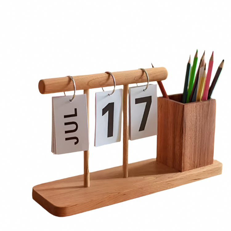 Wooden Desktop Calendar with Pen Holder